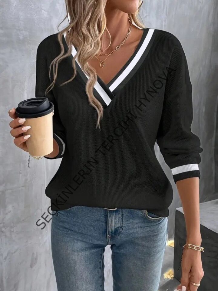 Kadın Uzun Kollu V Yakalı Waffle Bluz