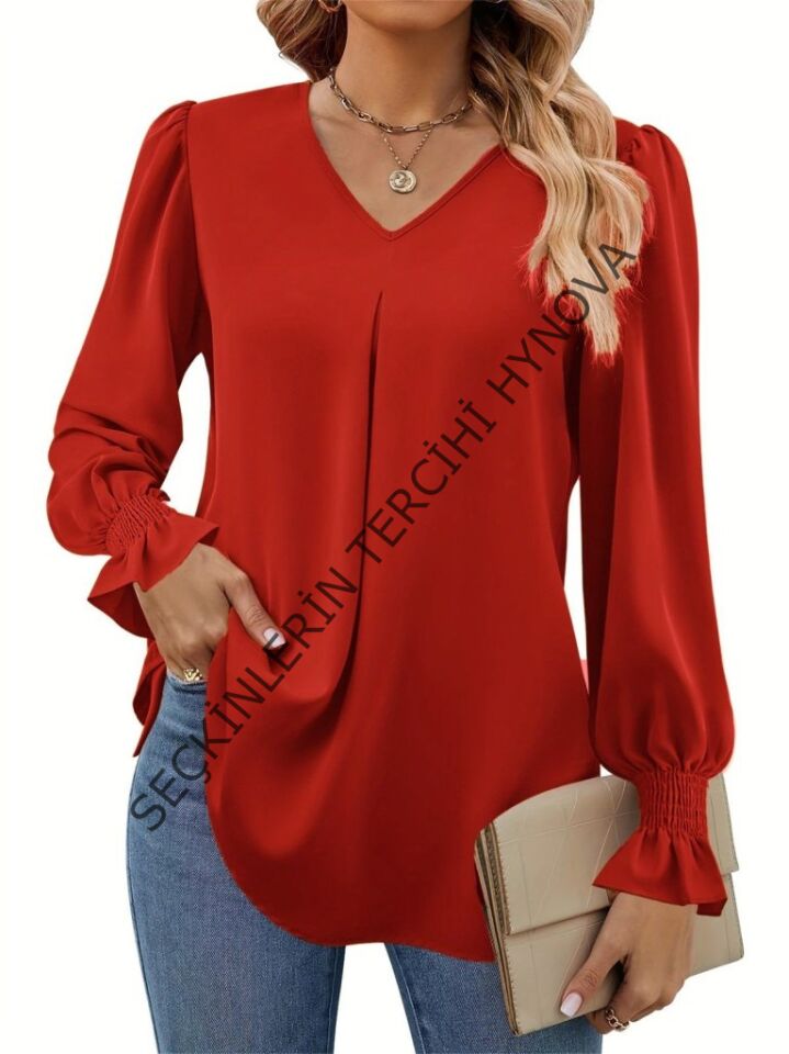Kadın Uzun Kollu V Yakalı Salaş Ithal Krep Bluz