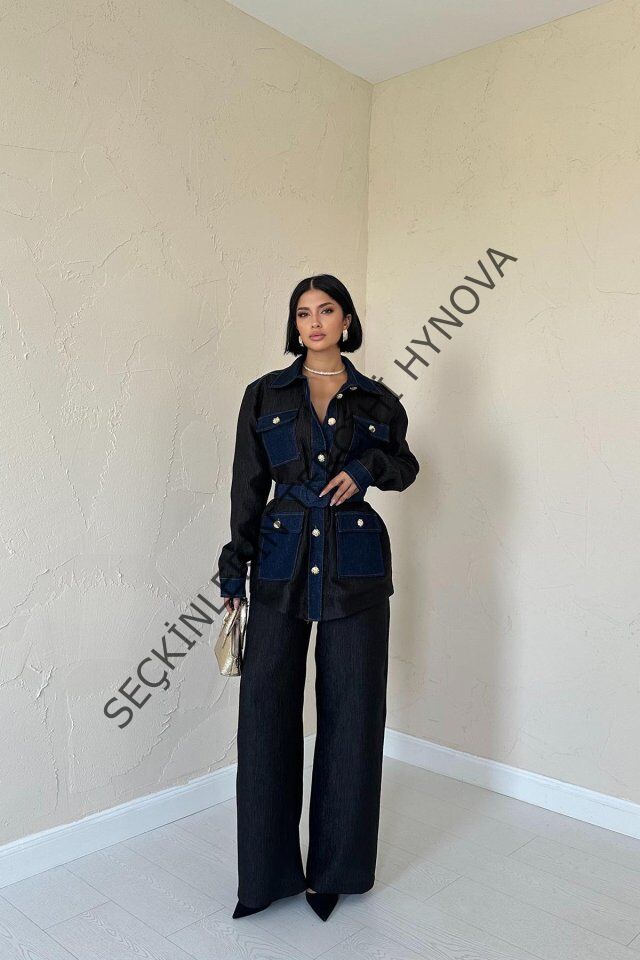 Siyah Garnili Cepli Gömlek Ve Pantolon Takım