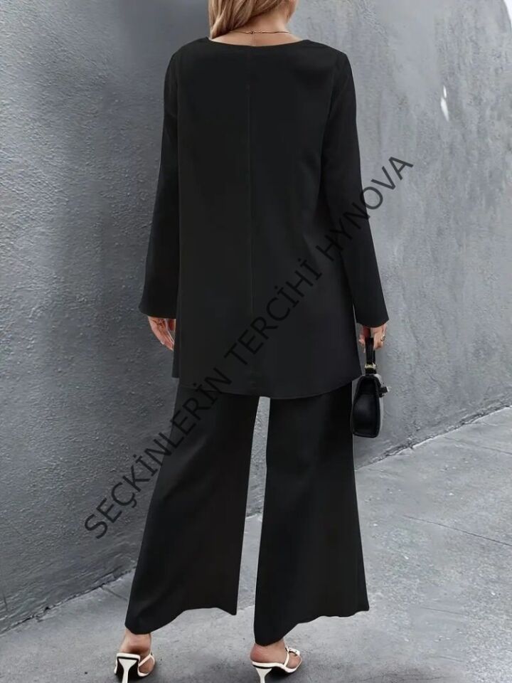 Kadın Uzun Kollu Asimetrik Detaylı Salaş Sandy Bluz Ve Pantolon Ikili Takım