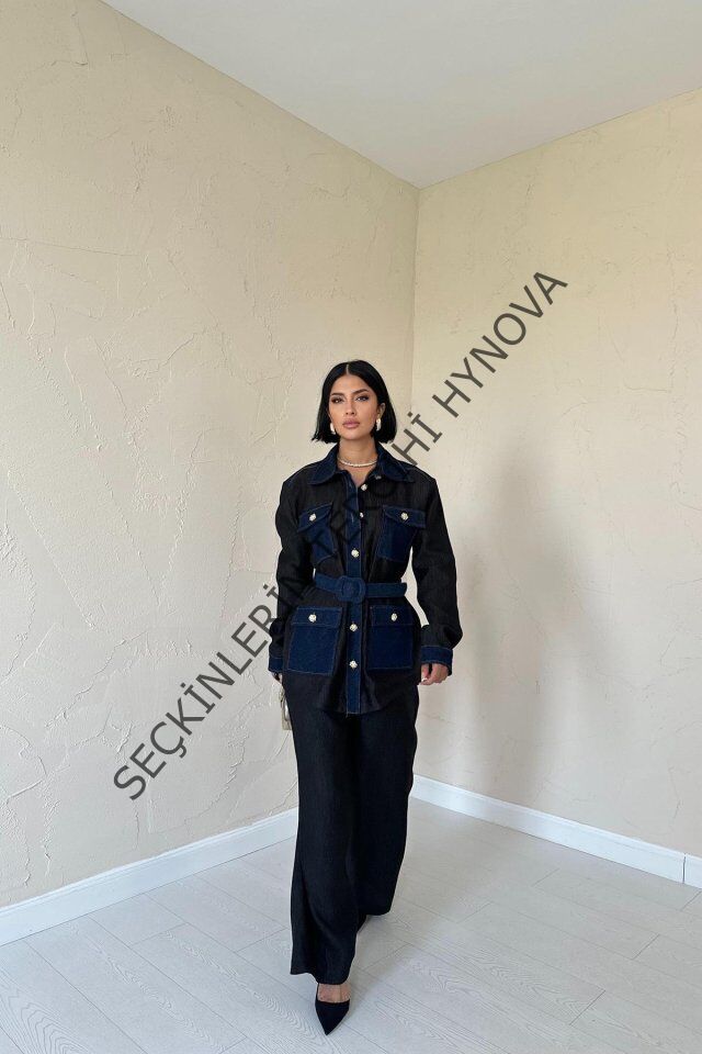 Siyah Garnili Cepli Gömlek Ve Pantolon Takım