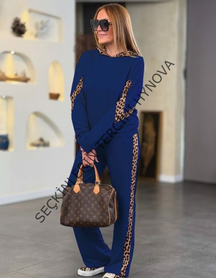 Kadın Uzun Kollu Leopar Detaylı Viskon Iki Iplik Eşofman Takımı