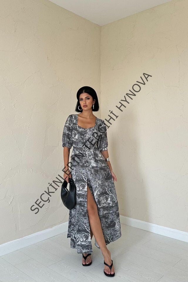 Haki Önü Düğmeli Kalp Yaka Elbise