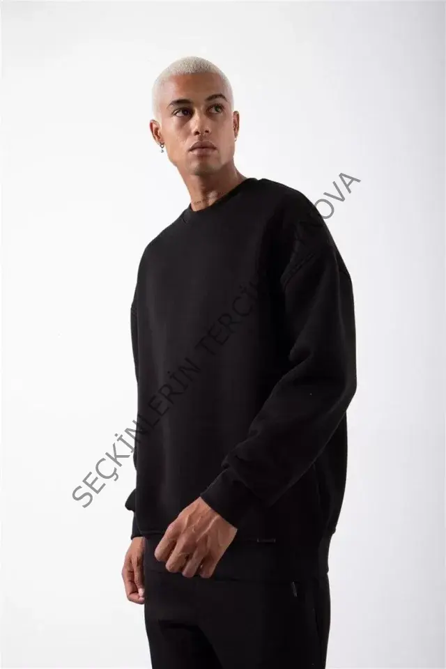 Unisex Biskilet Yaka Üç İplik SweatShirt - Siyah