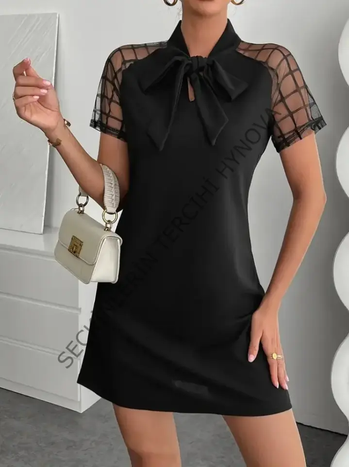 Kadın Kısa Kollu Boyundan Bağlamalı Omuzlarda Tül Detaylı Janjan Krep Elbise