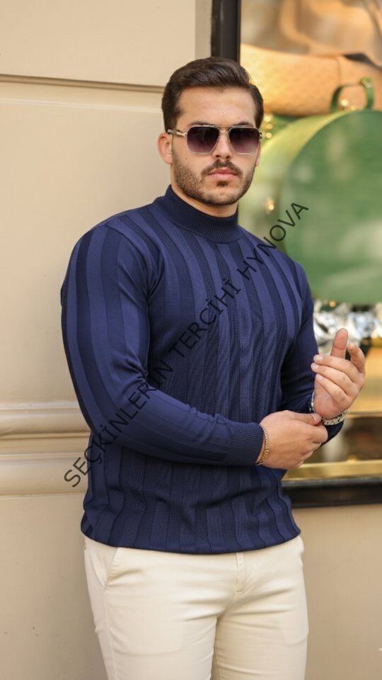 Erkek Yarım Balıkçı Yaka Kabartma Desenli Triko