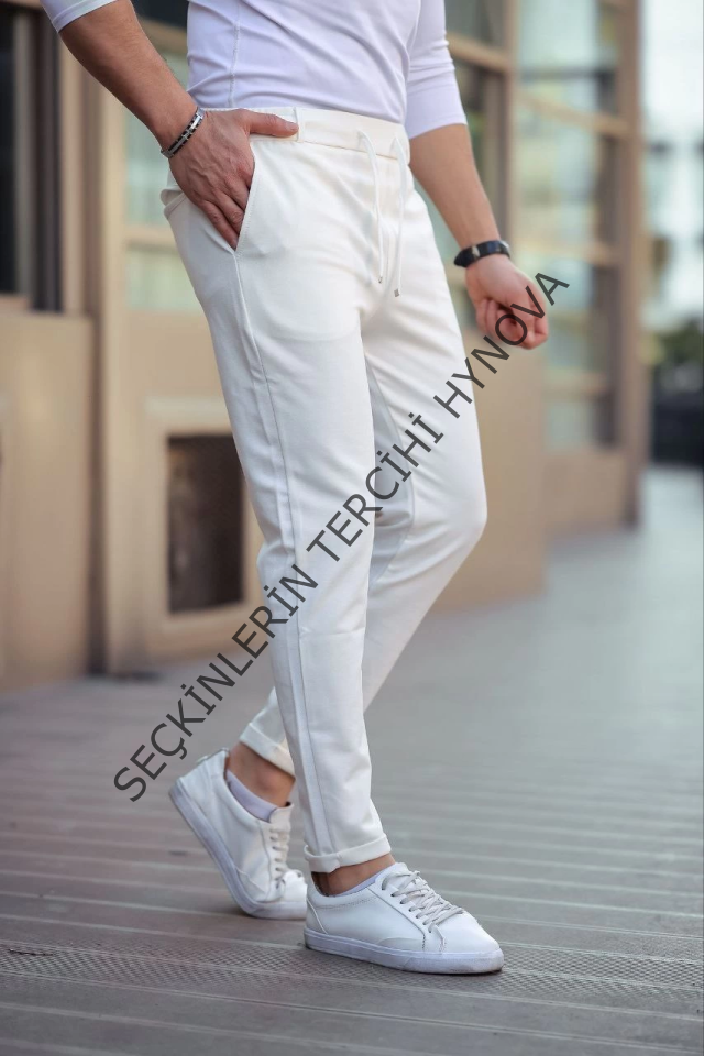 Erkek Diagonel Mikro Dokulu Cepli Beli Lastilki Pantolon - Beyaz