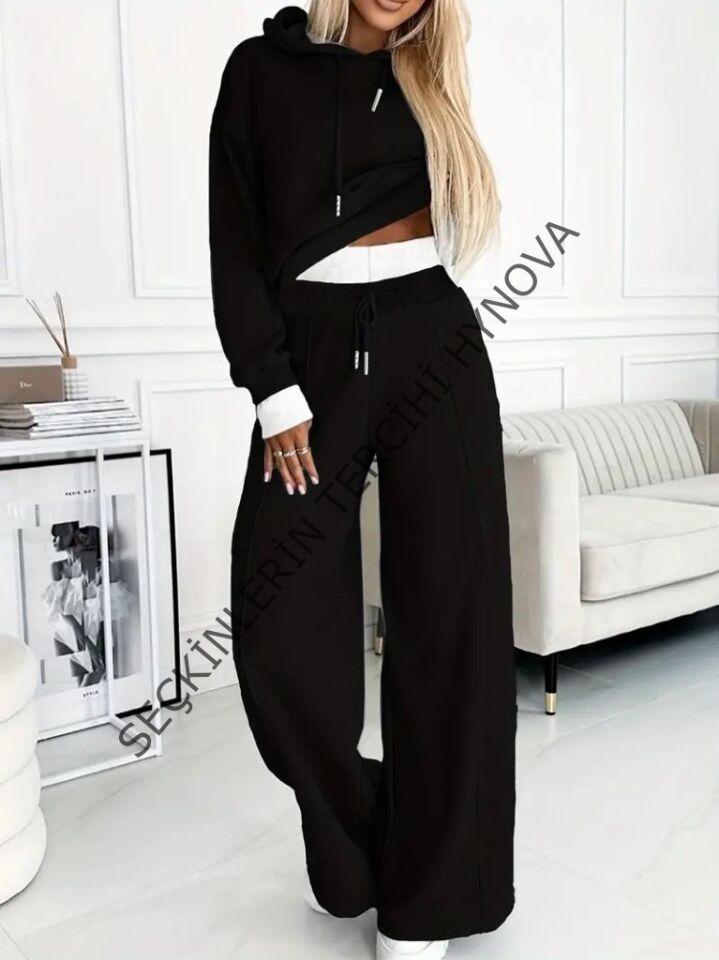 Kadın Uzun Kollu Kapşonlu Viskon Iki Iplik Bluz Ve Pantolon Ikili Takım