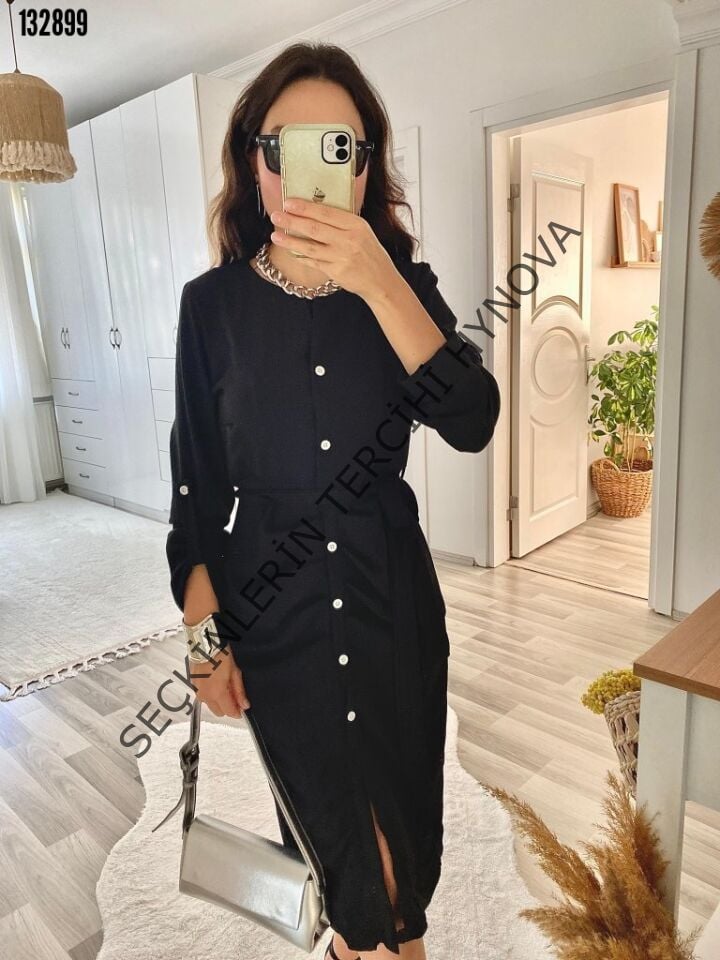 Kadın Uzun Kollu önden Düğmeli Beli Kuşaklı Aerobin Midi Elbise