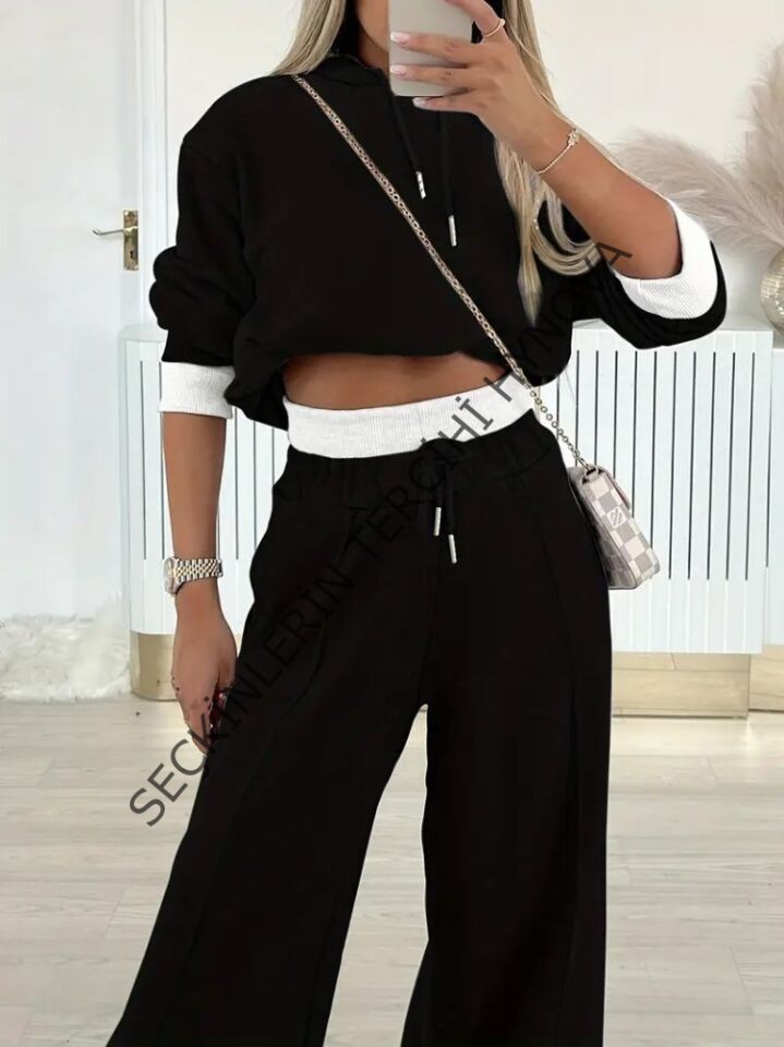 Kadın Uzun Kollu Kapşonlu Viskon Iki Iplik Bluz Ve Pantolon Ikili Takım