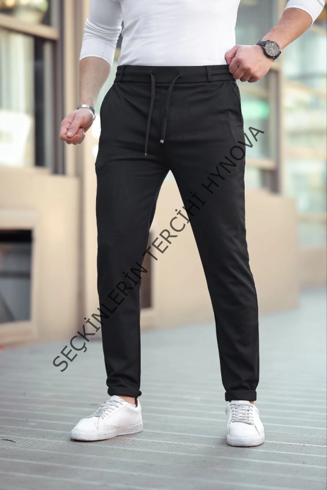 Erkek Diagonel Mikro Dokulu Cepli Beli Lastilki Pantolon - Siyah