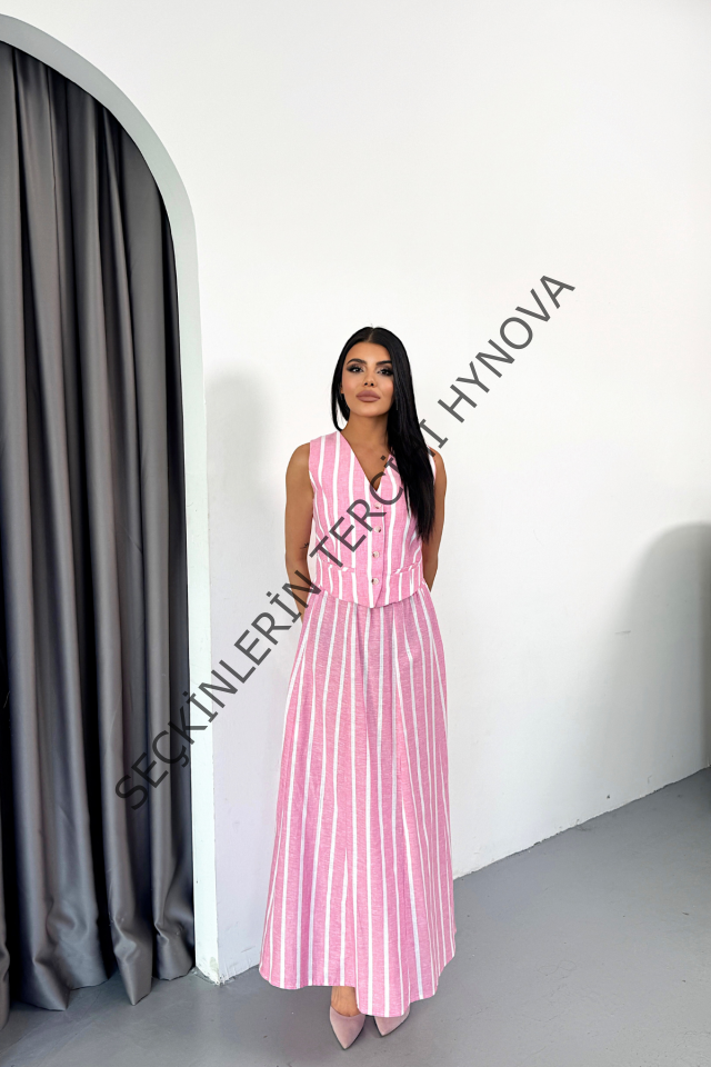 KETEN ÇİZGİLİ YELEK - UZUN ETEK TAKIM - Pembe