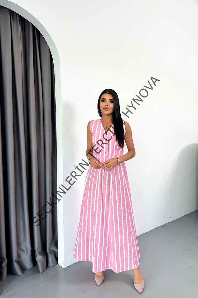 KETEN ÇİZGİLİ YELEK - UZUN ETEK TAKIM - Pembe