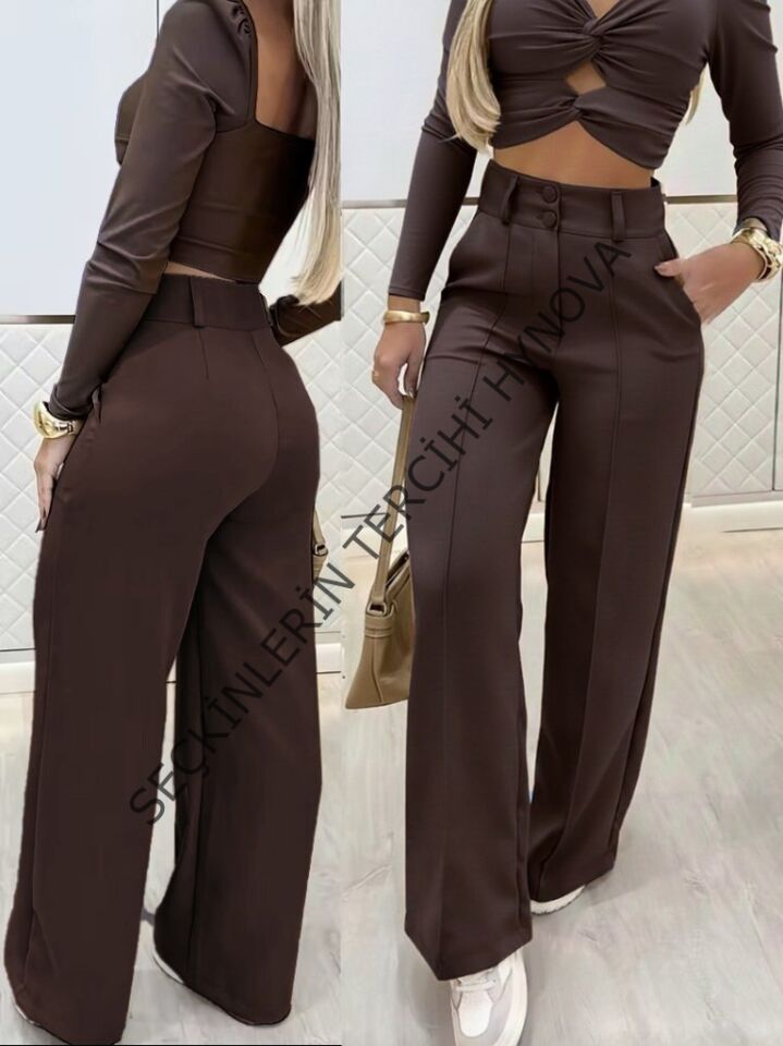 Kadın Uzun Kollu Göğüs Dekolteli Ithal Krep Bluz Ve Pantolon Ikili Takım