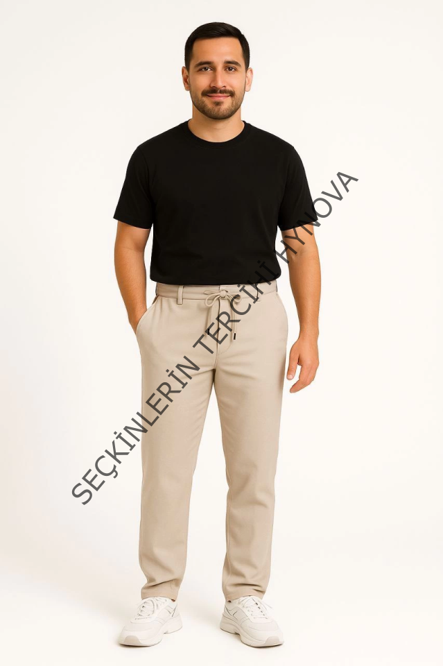 Erkek Diagonel Mikro Dokulu Cepli Pantolon - Bej