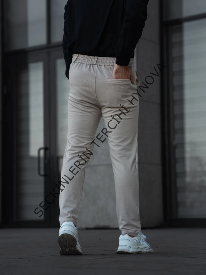 Erkek Diagonel Mikro Dokulu Cepli Pantolon - Bej