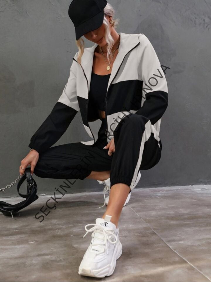 Kadın Uzun Kollu Kapşonlu önden Fermuarlı Viskon Iki Iplik Bluz Ve Pantolon Ikili Takım