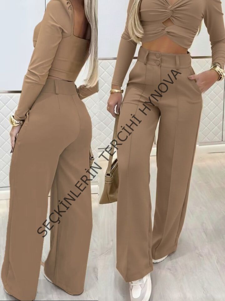 Kadın Uzun Kollu Göğüs Dekolteli Ithal Krep Bluz Ve Pantolon Ikili Takım