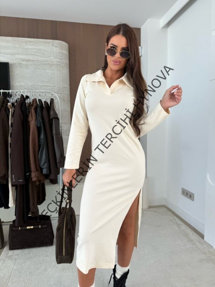 Kadın Uzun Kollu Yakalı Yandan Yırtmaçlı Midi Modal Elbise