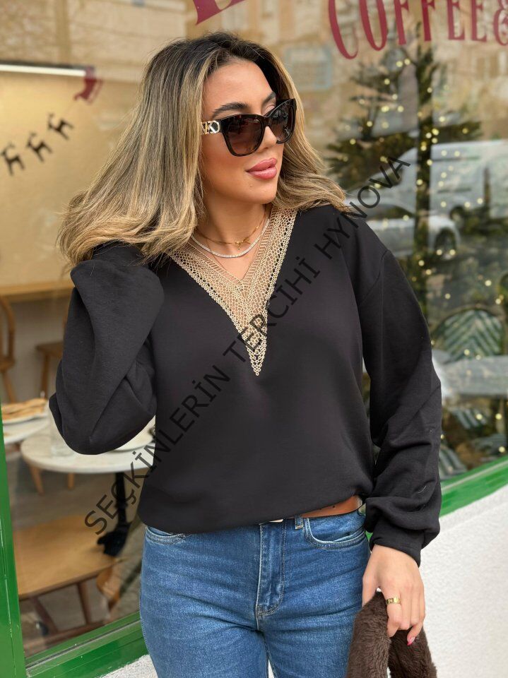 Kadın Uzun Kollu V Dantel Yaka şardonsuz üç Iplik Bluz