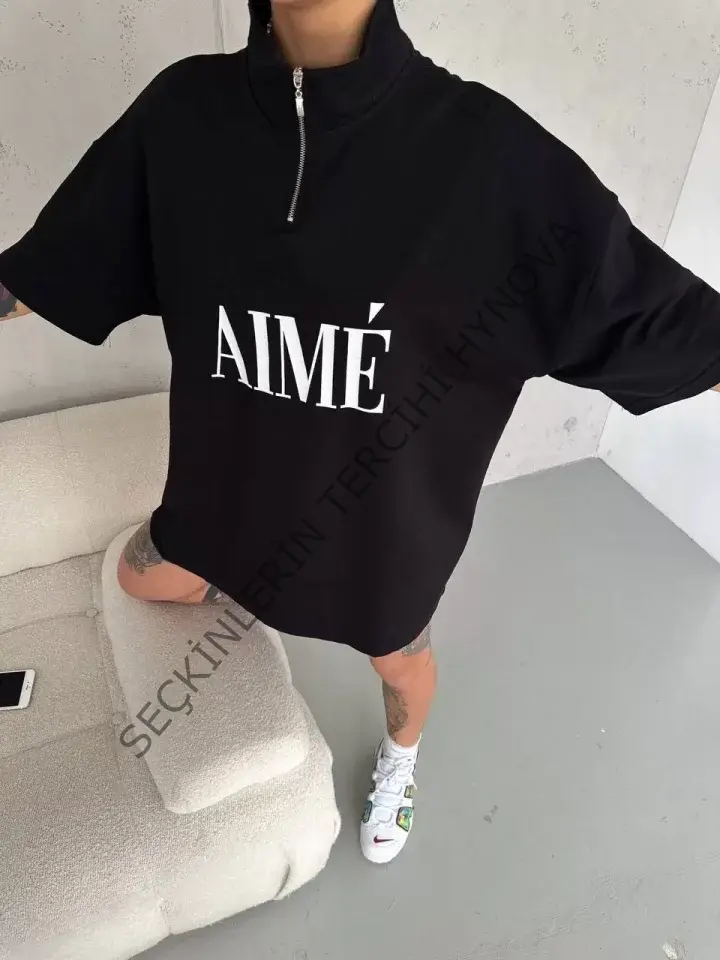 Unisex Yarım Fermuarlı Baskılı T-Shirt - Siyah