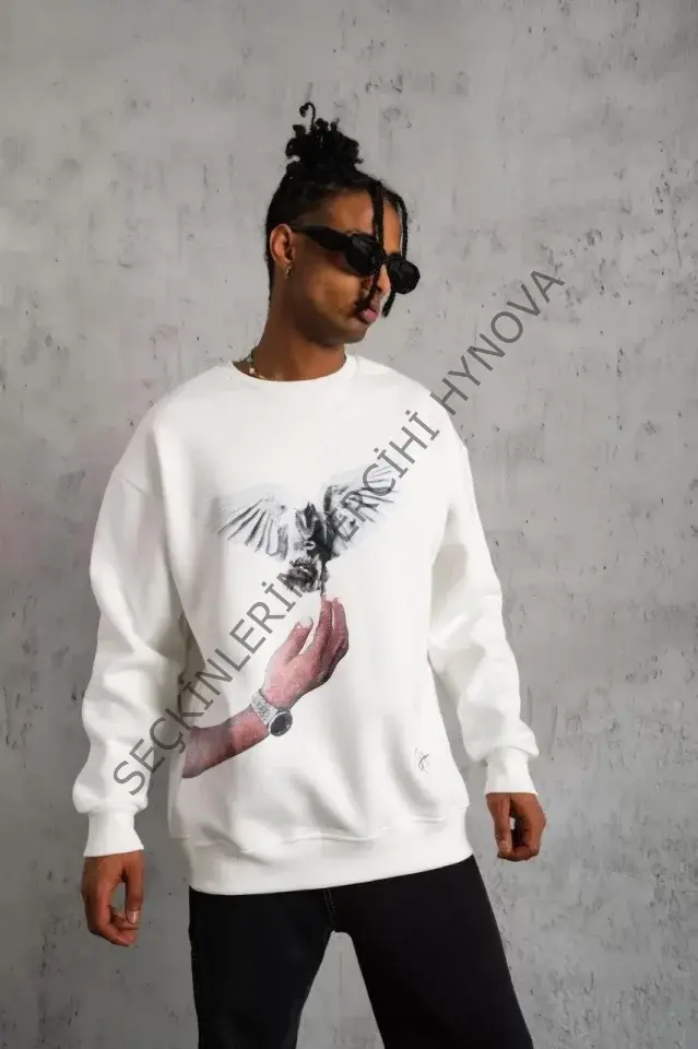 Erkek Güvercin Baskılı Sweatshirt - Beyaz