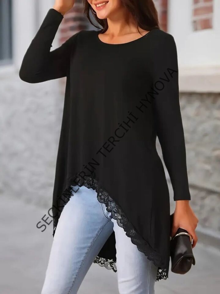 Kadın Uzun Kollu Bisiklet Yaka Asimetrik Kesim Detaylı Dantelli Viskon Bluz