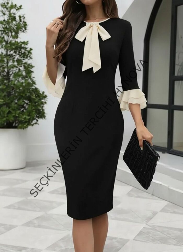 Kadın Truvakar Kollu Fiyonk Yakalı Midi Ithal Krep Elbise