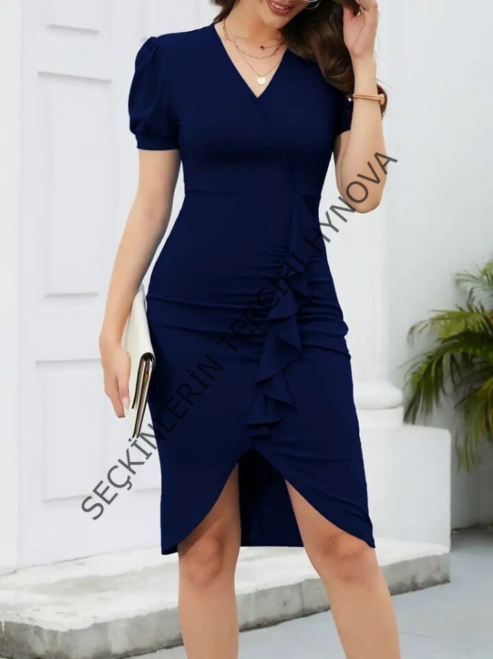 Kadın Kısa Kollu V Yakalı önden Fırfırlı Ithal Krep Elbise