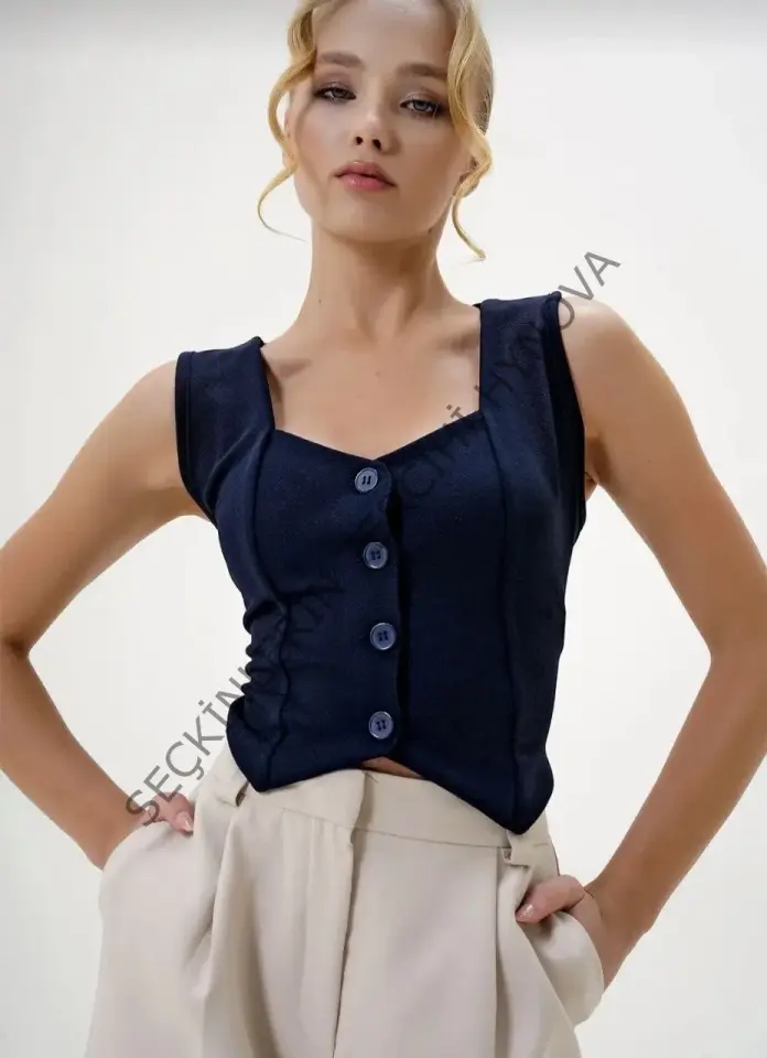 Krep kumaş düğmeli yelek lacivert s3395