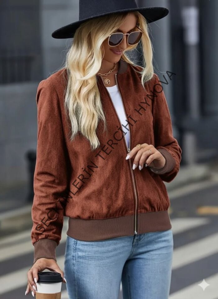 Kadın Uzun Kollu önden Fermuarlı Süet Ceket