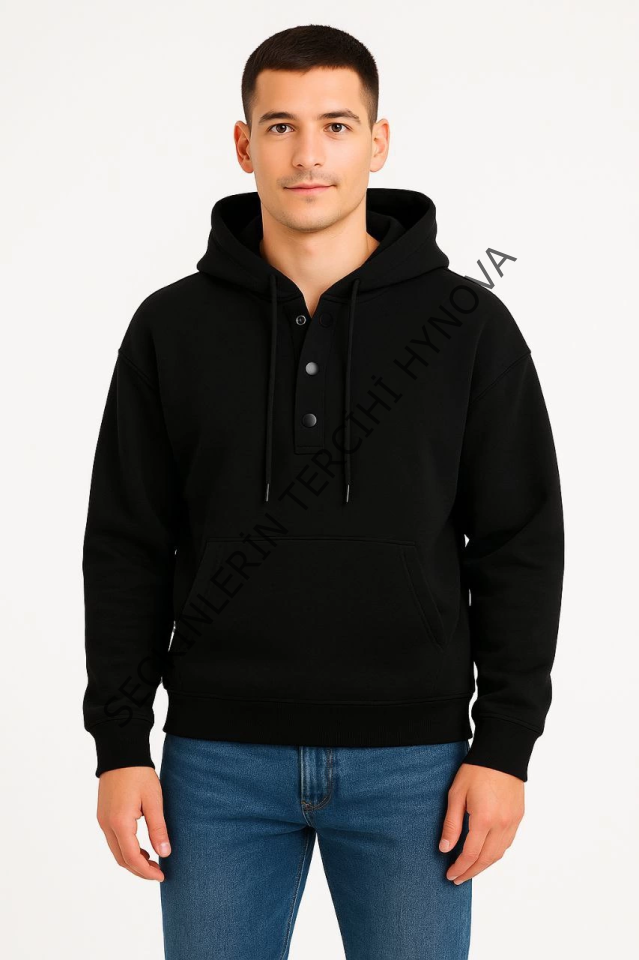 Erkek Ovarsize Kapüşonlu Swetshirt Kanguru Çepli Cıtcıtlı 3 Iplik Şardonlu Hoodie - Siyah