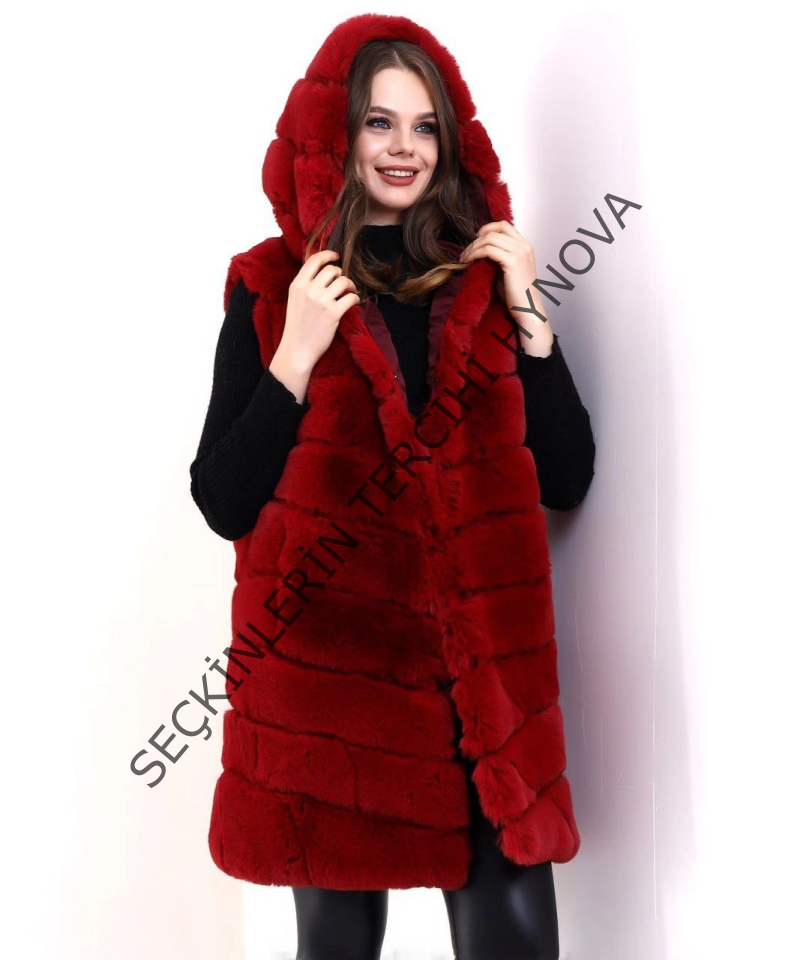Kapşonlu Peluş Kürk Yelek Premium Kalite, Tam Astarlı, Uzun Model - Kırmızı