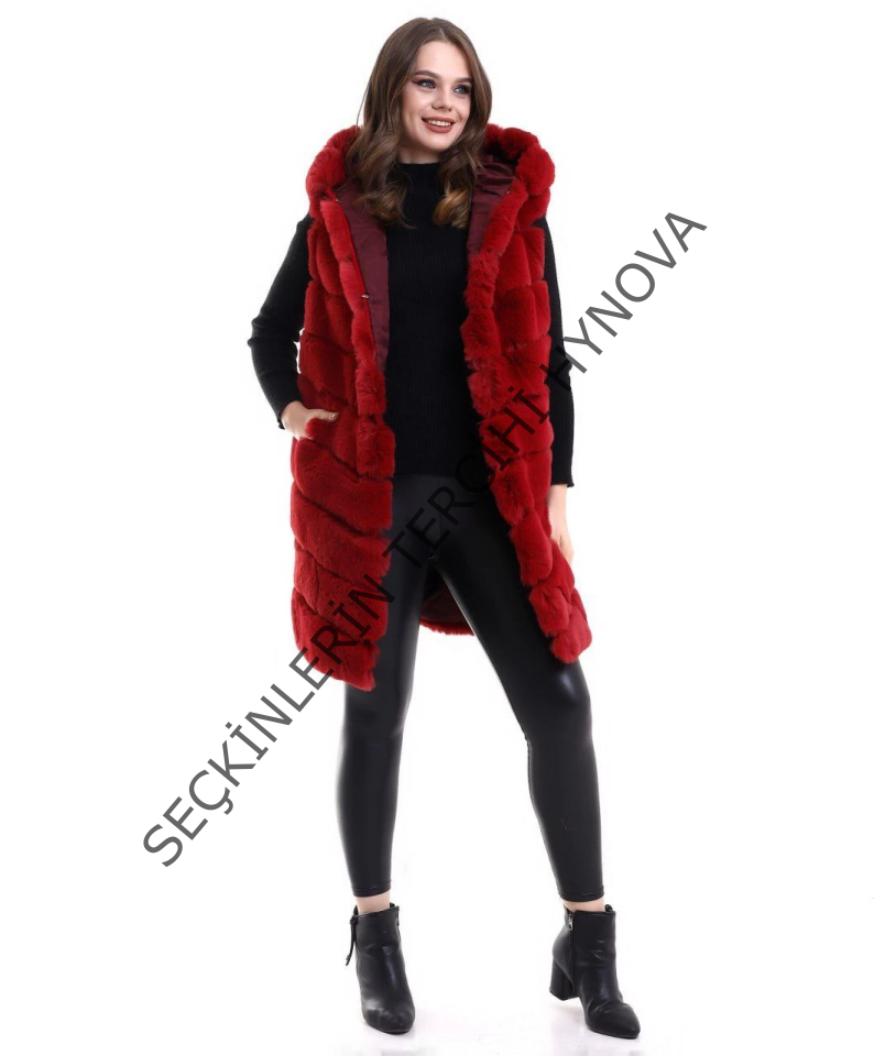 Kapşonlu Peluş Kürk Yelek Premium Kalite, Tam Astarlı, Uzun Model - Kırmızı
