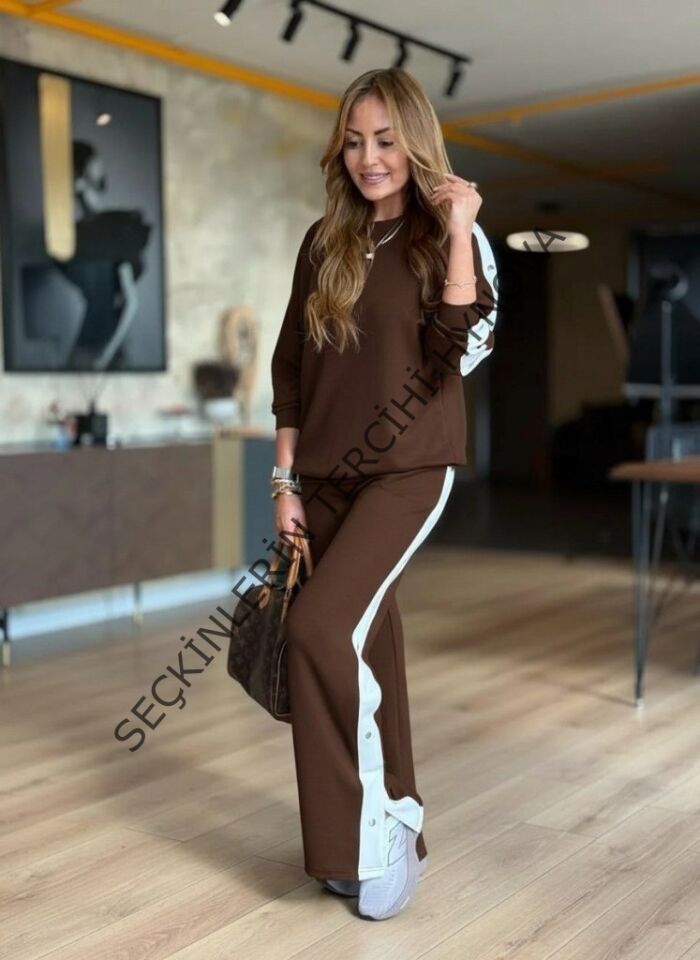 Kadın Uzun Kollu Bisiklet Yakalı Düğmeli Viskon Iki Iplik Bluz Ve Pantolon Ikili Takım