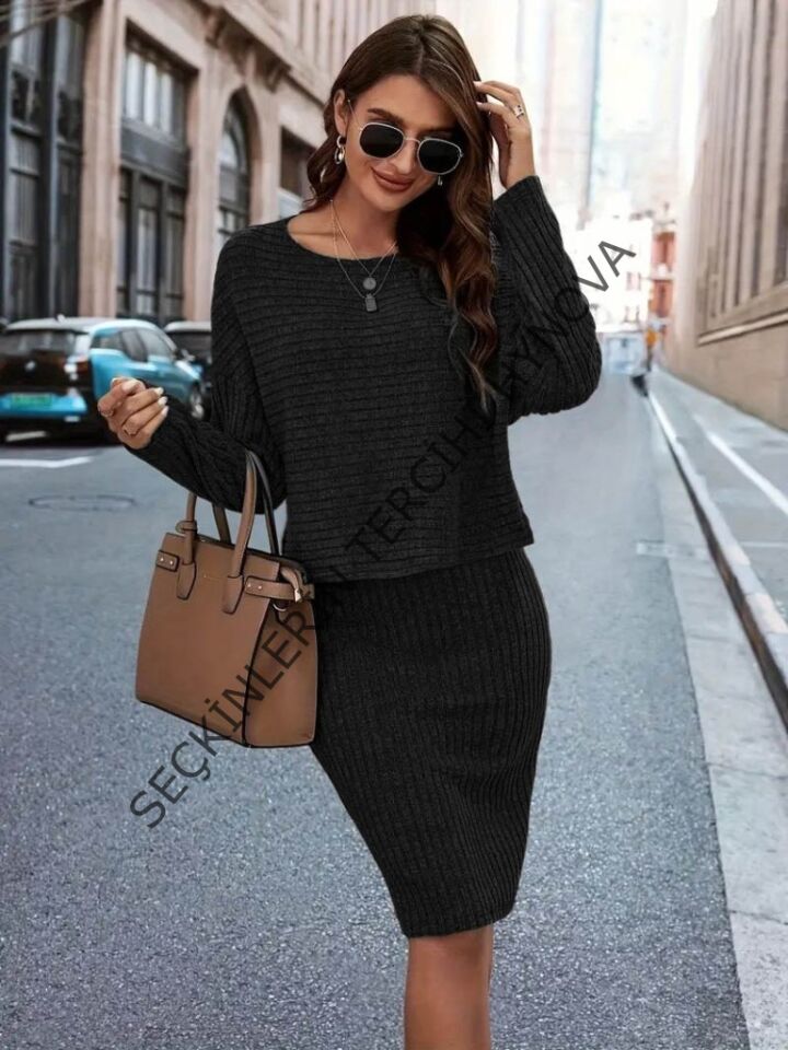 Kadın Uzun Kollu Iki Yanı Açık Yaka Detaylı Bluz Ve Etek şardonlu Kaşkorse Ikili Takım