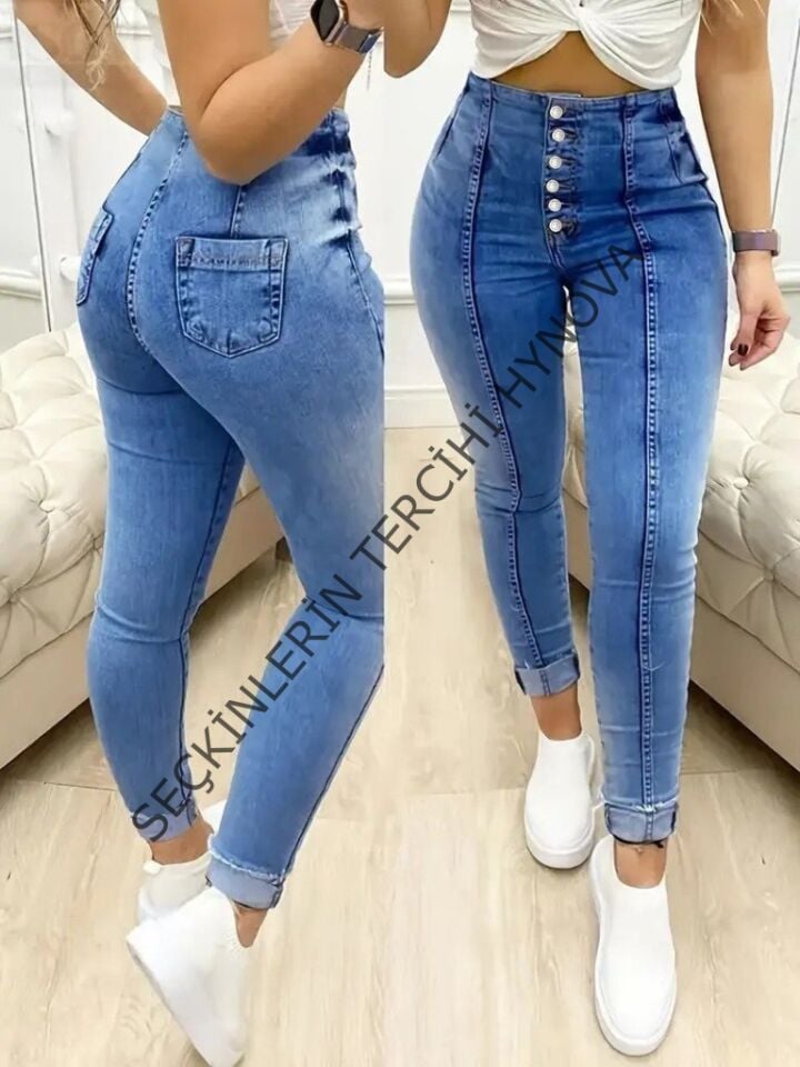 Kadın Yüksek Bel önden Düğmeli Jean Pantolon