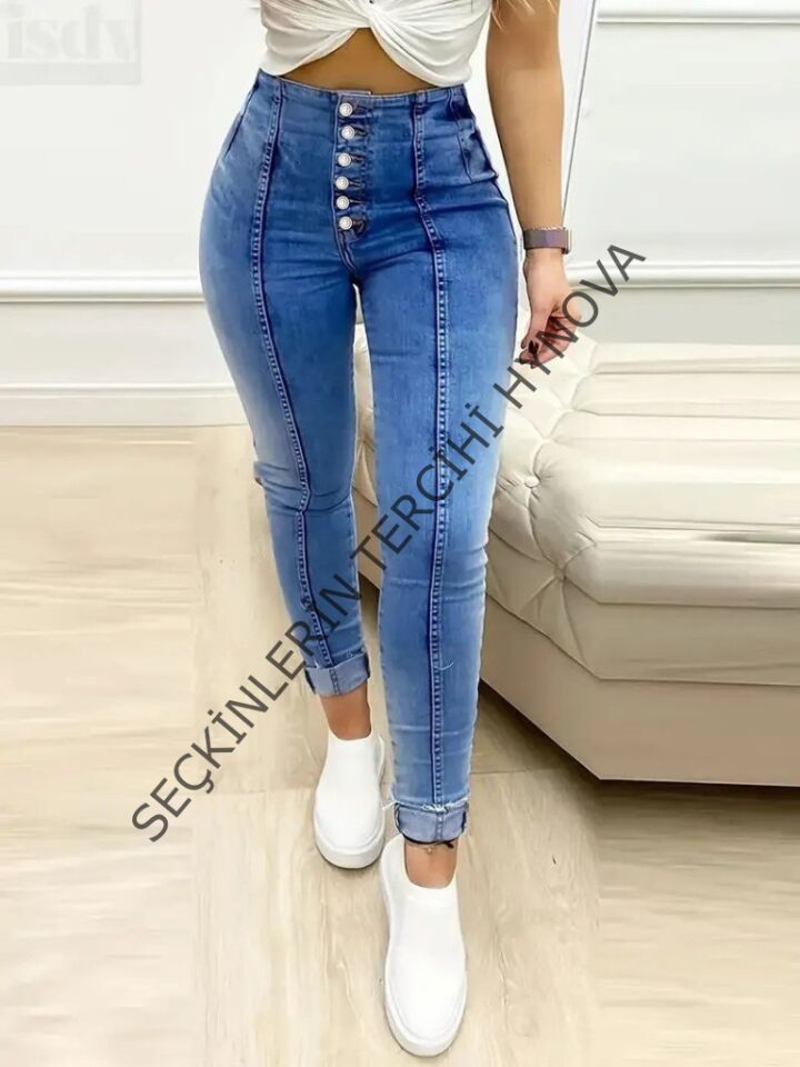 Kadın Yüksek Bel önden Düğmeli Jean Pantolon