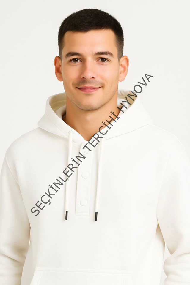 Erkek Ovarsize Kapüşonlu Swetshirt Kanguru Çepli Cıtcıtlı 3 Iplik Şardonlu Hoodie - Beyaz