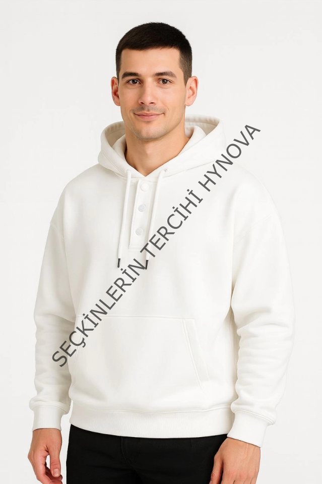 Erkek Ovarsize Kapüşonlu Swetshirt Kanguru Çepli Cıtcıtlı 3 Iplik Şardonlu Hoodie - Beyaz