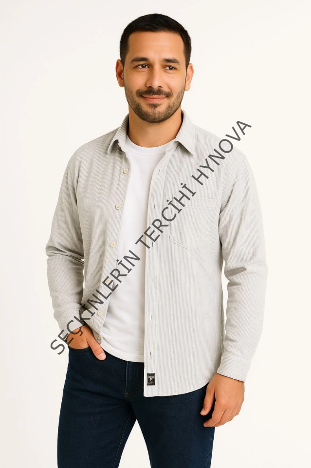 Erkek Fitilli Kadife Cepli Gömlek Oversize Rahat Kalıp - Gri