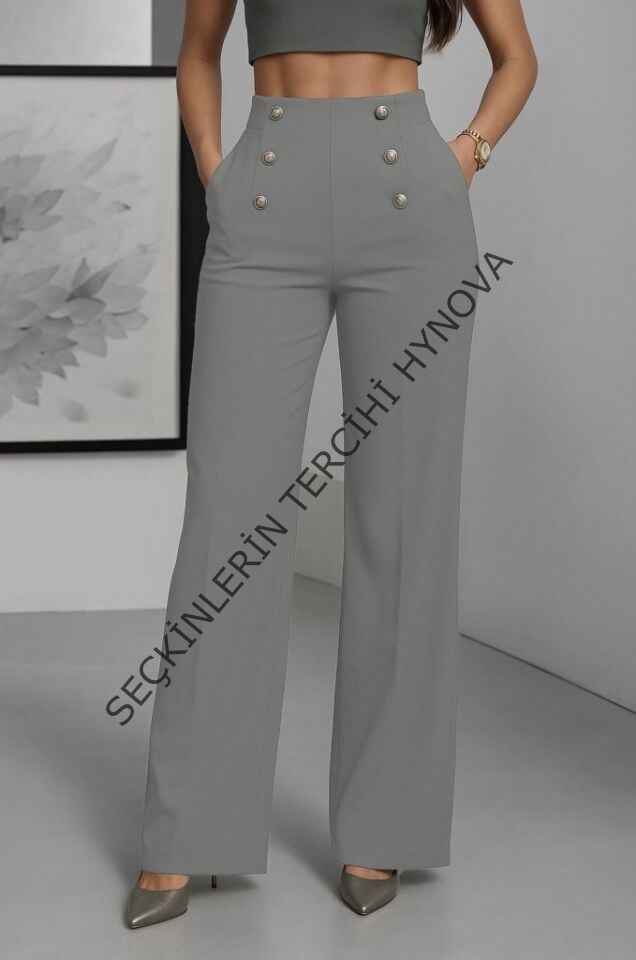 Kadın Yüksek Bel önden Düğmeli Uzun Paçaya Doğru Geniş Ithal Krep Pantolon