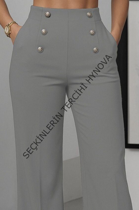 Kadın Yüksek Bel önden Düğmeli Uzun Paçaya Doğru Geniş Ithal Krep Pantolon