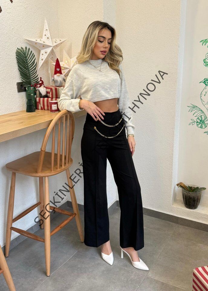 Kadın Beli Zincir Detay Ithal Krep Pantolon