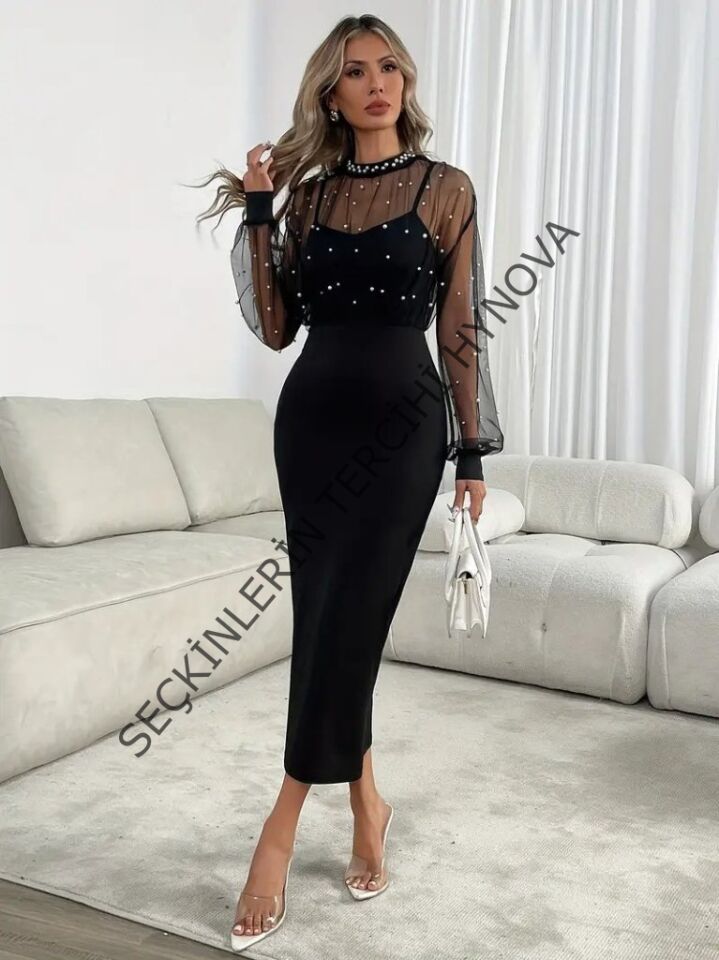 Kadın Uzun Kollu Halka Yaka Tül Inci Detaylı Uzun Ithal Krep Elbise