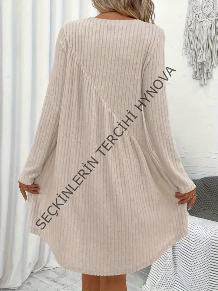 Kadın Uzun Kollu Yuvarlak Yaka Asimetrik Detaylı Kiloş şardonlu Kaşkorse Elbise