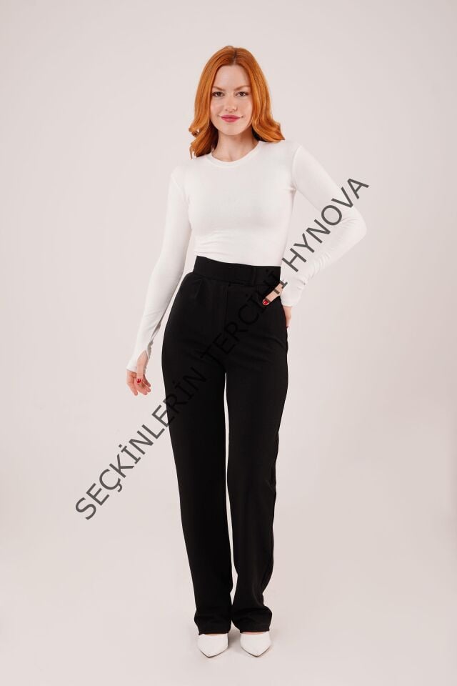 Cırt Kapama Detaylı Siyah Pantolon