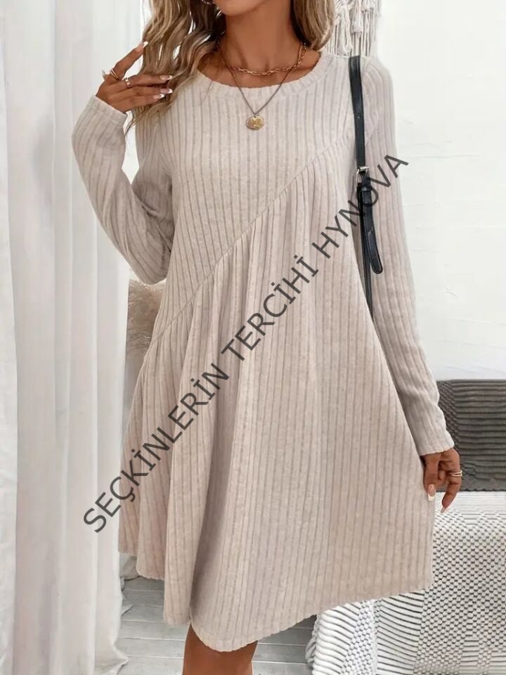 Kadın Uzun Kollu Yuvarlak Yaka Asimetrik Detaylı Kiloş şardonlu Kaşkorse Elbise