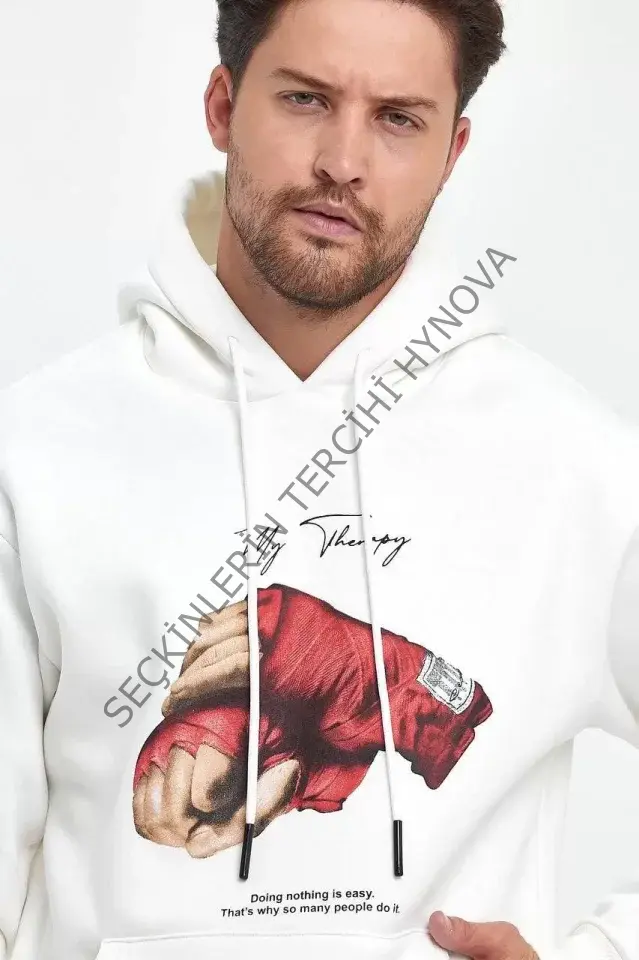Unisex Kapüşonlu Üç İplik Oversize Baskılı Sweatshirt - Beyaz
