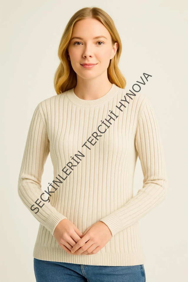 Bisiklet Yuvarlak Yaka Triko Kazak Pamuklu Kalın Fitilli Dokuma, Regular Fit Uzun Kollu Kışlık Model - Bej